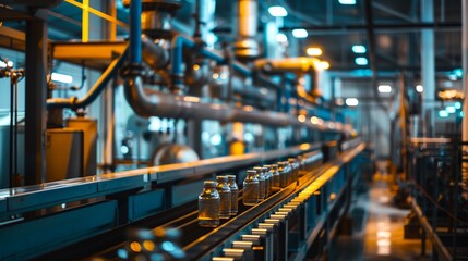 Fototapeta premium a factory with a lot of bottles on the conveyor belt and pipes in the background