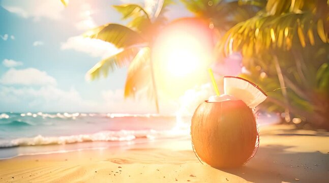 A fresh coconut drink with a straw sits on a sandy tropical beach, surrounded by palm trees and the ocean under a bright