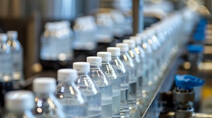 Obraz premium a row of bottles of water on a conveyor belt in a factory