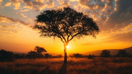 Fototapeta premium Beautiful sunset over African savannah with a silhouette of a lone tree, golden lighting, and dramatic sky. Perfect for nature and travel themes.