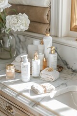 Fototapeta premium Elegant Premium Skincare Products on Marble Vanity for Luxurious Facial Cleaning and Exfoliation