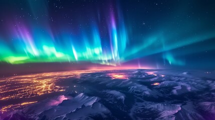 Fototapeta premium City lights with beautiful aurora northern lights in night sky with snow forest in winter.