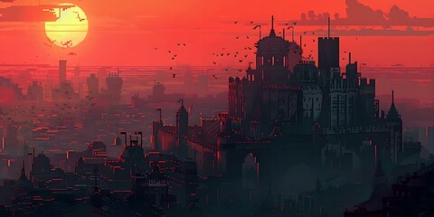 Anime pixel art of a fantasy cityscape at sunset with castles. Concept Pixel Art, Anime Style, Fantasy Cityscape, Sunset, Castles