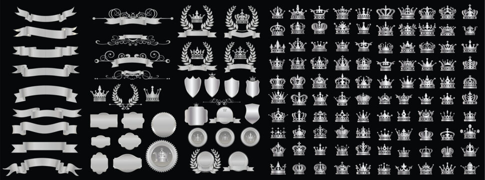 Silver crown emblem, badges, labels, shields and ribbons vector Set +160 elements	