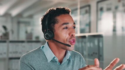 Businessman, consultant and call center with headphones for customer service, support or online advice at office. Man, agent or employee talking or consulting for help or telemarketing at workplace