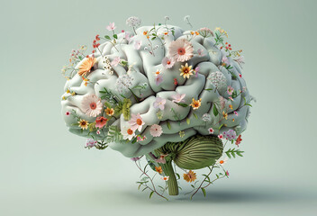 Human brain 3d model with spring flowers, concept of creativity, mental health, generative ai