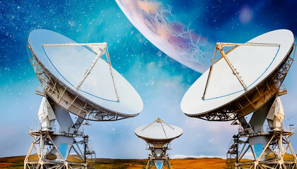 satellite dishes or radio antennas against night sky. Space observatory.