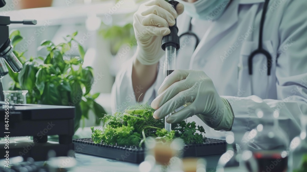 Poster a scientist is working with plants in a lab