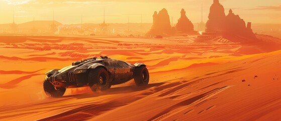 A futuristic vehicle drives through a desert landscape.