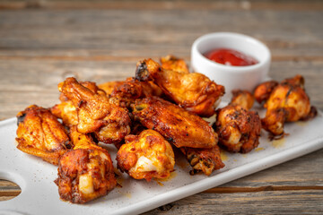 Homemade baked or fried chicken wings in barbecue sauce on a white plate on a gray wooden table close-up closeup
