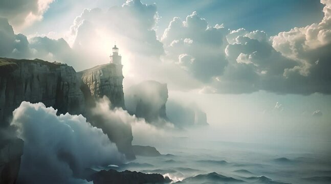 A lighthouse stands on a cliff above the ocean on a cloudy day, with water below, cumulus clouds in the sky, and wind waves