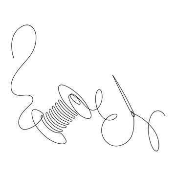 recommend clip art: Drawing of the spool of thread and needle is a continuous line. Linear silhouette drawn by hand. Vector editable contour