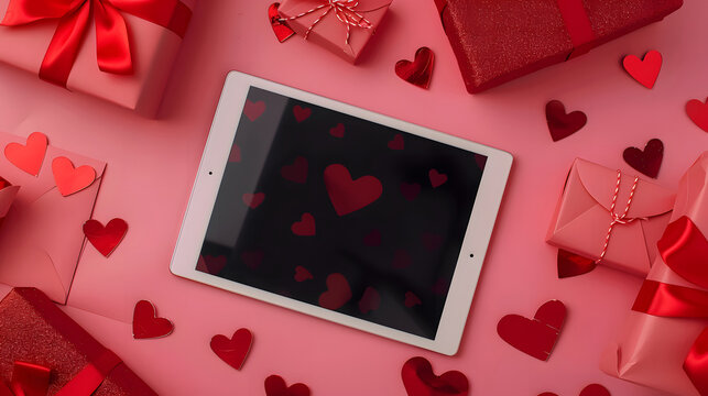 digital tablet for choosing gifts, making purchases, envelopes, red hearts on pink table Top view Flat lay Holiday shopping list, Happy Valentine's Day, party, online shop concept Mockup design