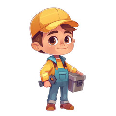 Fototapeta premium Cute cartoon mechanic kid in overalls and yellow cap holding a toolbox, ready for work. Perfect for children's books or educational materials. This image isolated on transparent or white background, P