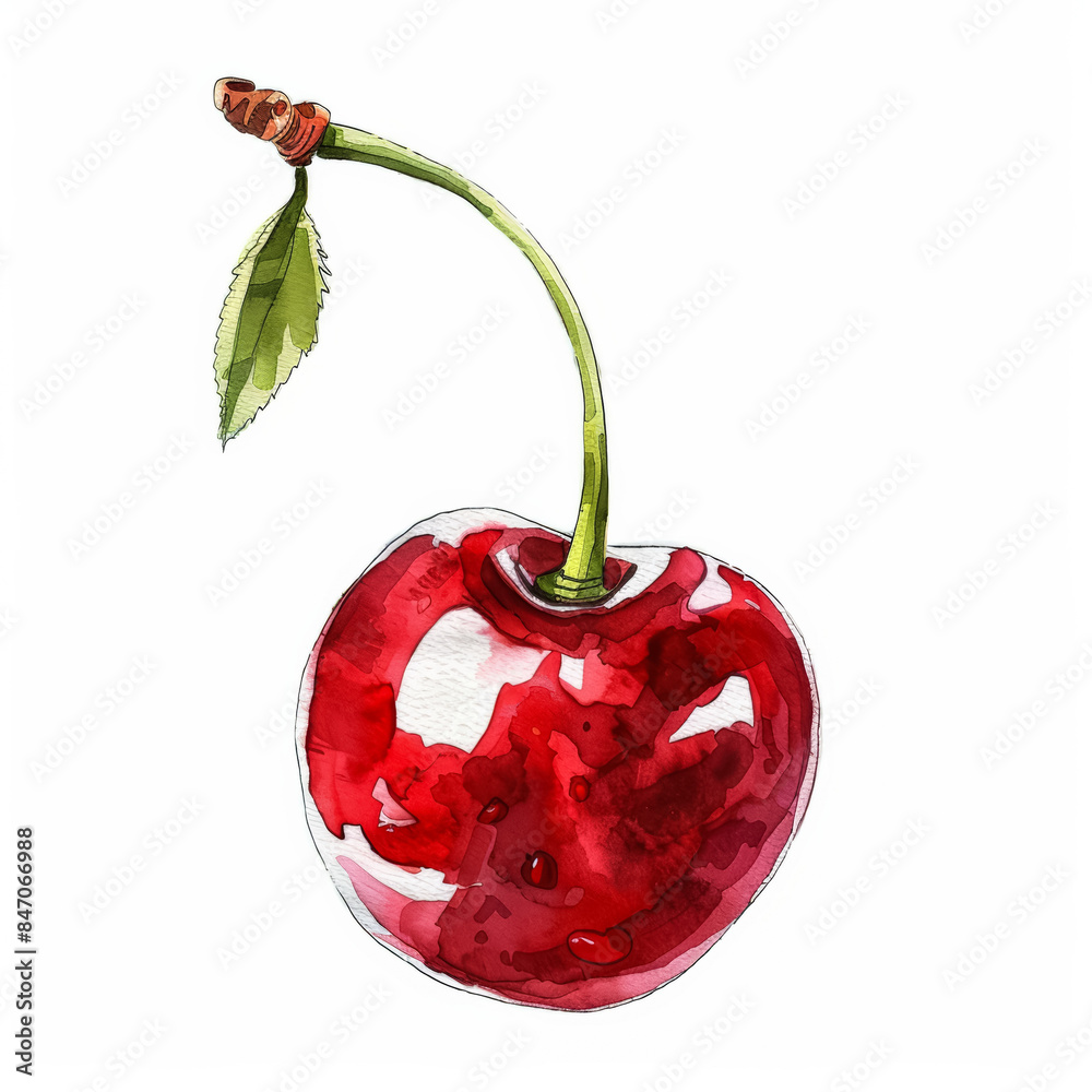 Poster Vibrant Watercolor Cherry with Glossy Sheen and Green Stem on White Background