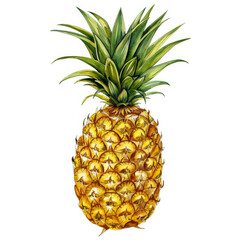 Fototapeta premium Vivid Yellow Pineapple with Green Spiky Crown Detailed Watercolor Illustration on White Background