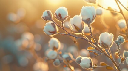 Fototapeta premium Cotton plant flowers and buds in close up with a blurred background