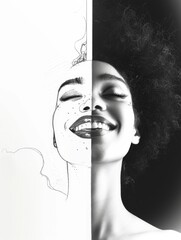 A woman's face is split into two halves, with one half being drawn in black