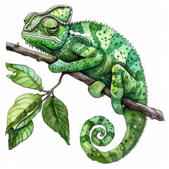 Obraz premium Inquisitive Green Chameleon Blending into Leafy Branch, Simple Ink Watercolor Illustration on White Background