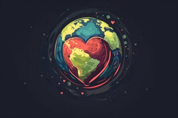 Fototapeta premium A vibrant illustration of Earth with a heart shape over the continents, symbolizing love and care for our planet on a dark background.