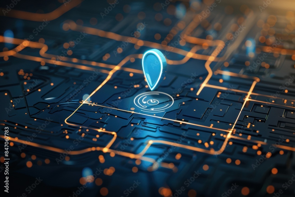 Poster Abstract digital map with neon glowing pin location symbol, representing modern GPS and navigation technology.