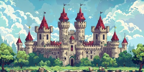 8bit vintage computer game background with castles and towers in retro style. Concept Retro Game, 8-Bit Graphics, Vintage Computer, Castles, Towers