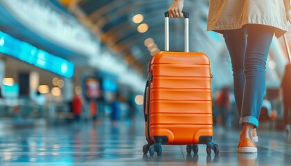 Hand Holding an Orange Suitcase at the Airport