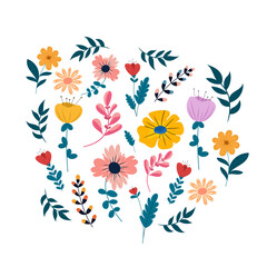 Vibrant cartoon vector flower set on white isolated background. Graceful and stylish flowers in botanical flat style. For emblems, posters, seasonal design.