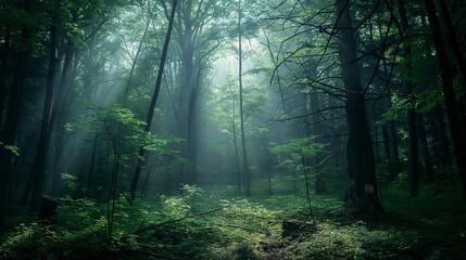 Fototapeta premium Sunlight filtering through lush trees in a serene forest, creating a tranquil and mystical atmosphere with vibrant greenery and soft light.