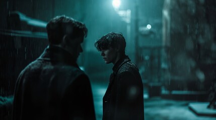 Two mysterious individuals converse in a dark, rainy alleyway illuminated by a single streetlight, creating a cinematic atmosphere.