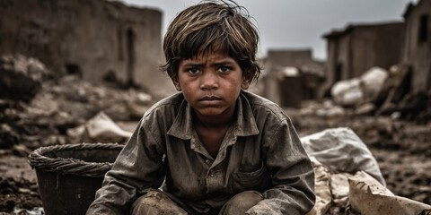 Fototapeta premium Intense portrait of a young boy with deep eyes sitting in a desolate slum environment, looking into the camera