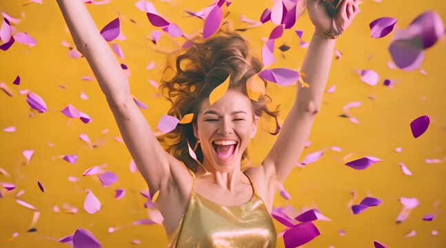 Excited Woman Celebrating Big Win Showered In Tinsel Confetti On Yellow Background