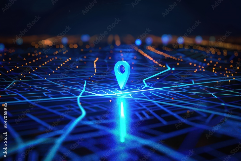 Poster Digital navigation concept with pinpoint location marker on a futuristic grid map, showcasing modern GPS technology and connectivity.