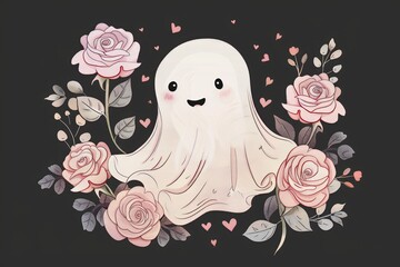 Cute smiling ghost surrounded by pink roses and small hearts on dark background. Whimsical floral illustration perfect for Halloween decor.