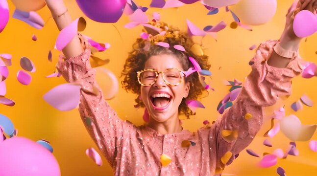 Excited Woman Celebrating Big Win Showered In Tinsel Confetti On Yellow Background