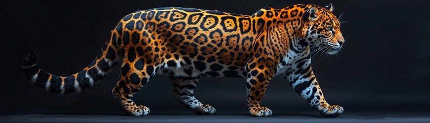 A spotted big cat, possibly a leopard, prowls with danger in its wild jungle habitat