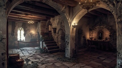 Fototapeta premium Ancient Jungle-Medieval-Ruin Interior. AI generated art illustration.