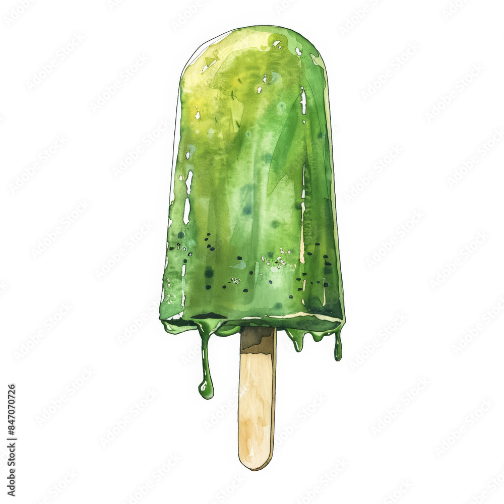 Sticker refreshing green popsicle melting under golden sunlight watercolor illustration on white background