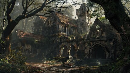 Naklejka premium Ancient Jungle-Medieval-Ruin Interior. AI generated art illustration.