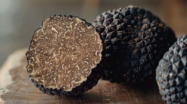 Black Truffles Essence A black winter truffle, its unique texture highlighted in detail, invites a gourmet experience for the senses