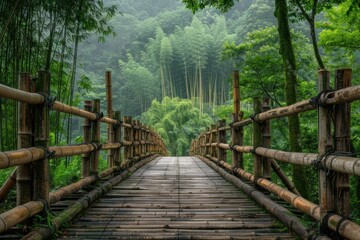 Obraz premium Bamboo bridge leading to a lush green bamboo forest