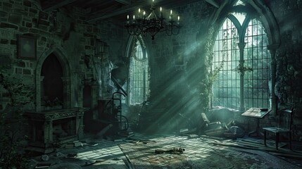 Ancient Jungle-Medieval-Ruin Interior. AI generated art illustration.