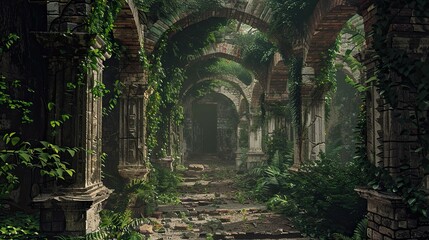 Naklejka premium Ancient Jungle-Medieval-Ruin Interior. AI generated art illustration.