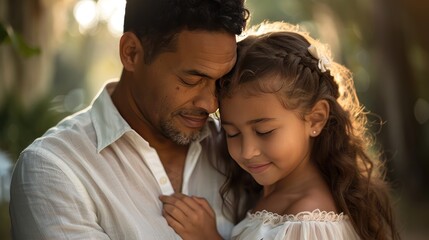 Obraz premium Family Portrait, Love Unbounded In a heartwarming scene bathed in natural light, two fathers share a joyful embrace with their daughter This tender portrait celebrates the love, diversity, and unbrea