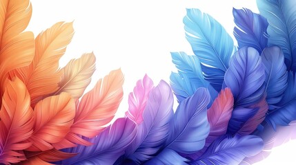 Feathered Fantasy A captivating gradient of blue, purple, orange, and pink feathers unfold across a clean white background
