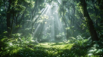 Forest Sanctuary Sunlight filters through the dense canopy of a lush green forest, casting intricate shadows and illuminating the forest floor in a magical, ethereal glow