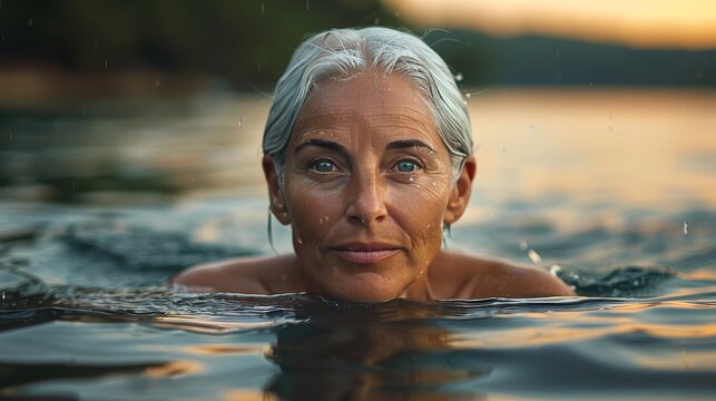Senior woman participates in aquatic exercise program for elders at a public pool