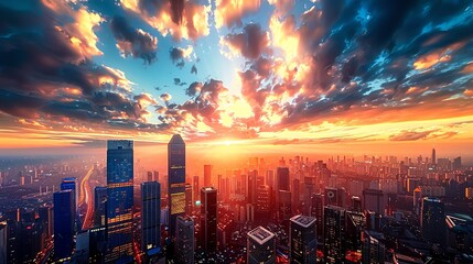 Dramatic Sunset Over Urban Skyline with Clouds and Lights