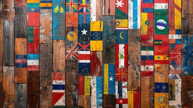 Global Tapestry of Unity Wooden planks, weathered by time and bearing the marks of a shared history, come alive with a colorful mosaic of international flags This vibrant display celebrates global un