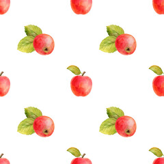 Watercolor seamless pattern red apples on a white background. Illustration for card, invitation, print fabric, design, for thanksgiving, harvest day, scrapbooking, decoration tablecloth, cover, apron.